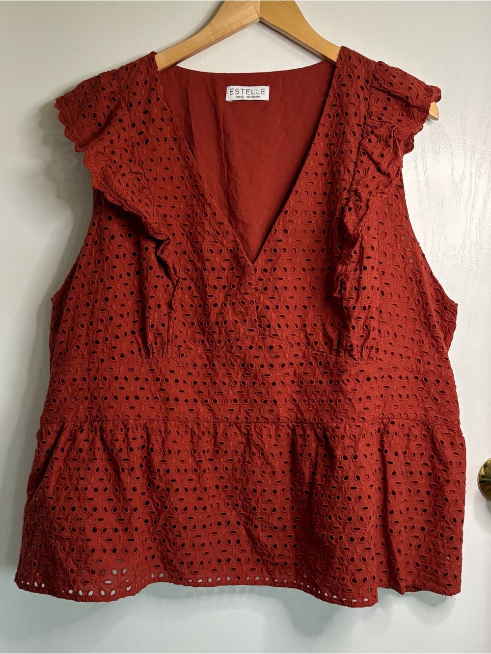 Estelle Sz 3X Rust Eyelet Ruffle Sleeveless V-Neck Peplum Lined Top Cottage Boho